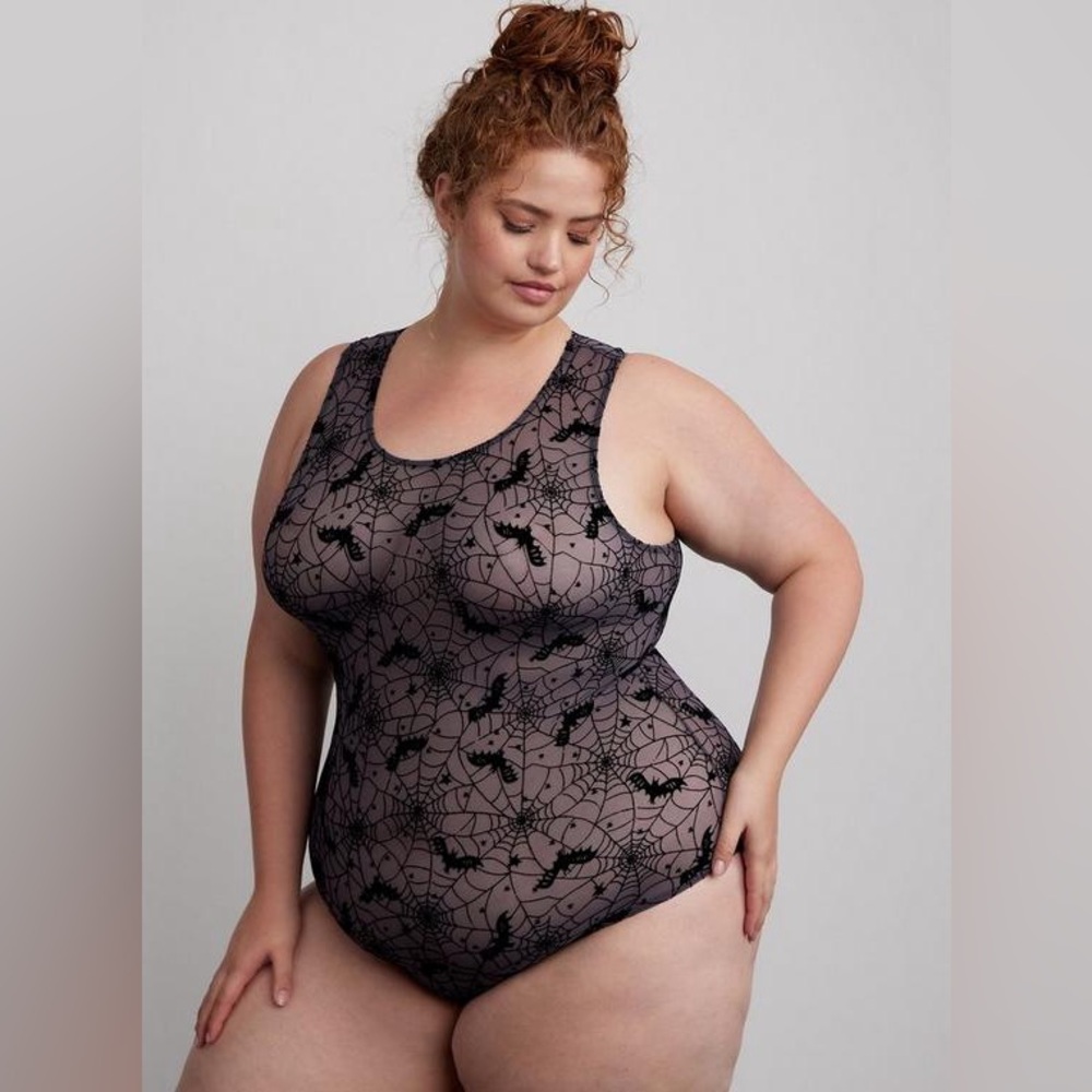 Flocked Mesh Bodysuit - Webs Bats Charcoal